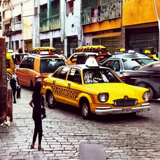 Prompt: beautiful woman standing alone in mexico city with taxi cabs and busy streets, artstation