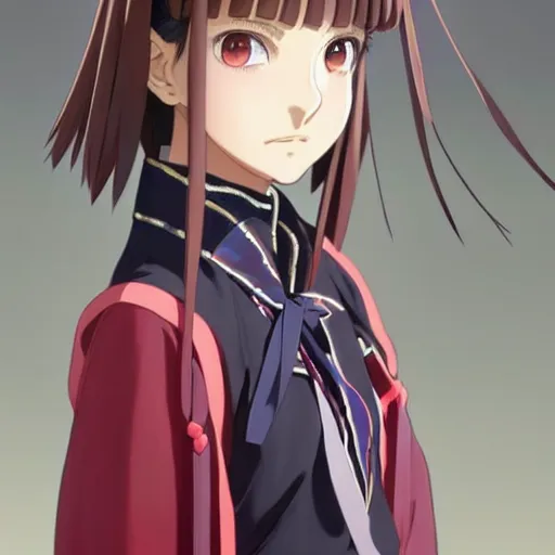 Image similar to a beautiful! boyish! natalie portman model, wearing japanese catholic school girl outfit with mayan pattern and native style, aztec street fashion, guilty gear art direction, perfect anime face, gapmoe yandere grimdark, trending on pixiv fanbox, painted by greg rutkowski makoto shinkai takashi takeuchi studio ghibli, akihiko yoshida