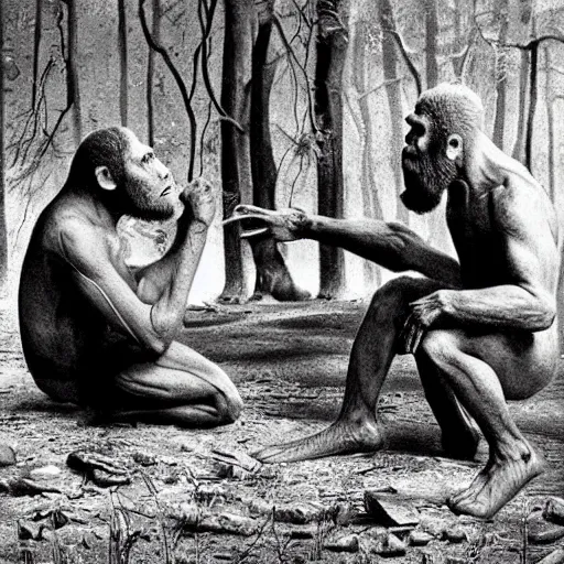 Image similar to Homo habilis meeting modern scientist, field researcher, proto-humans, 2022 photograph, award-winning photo