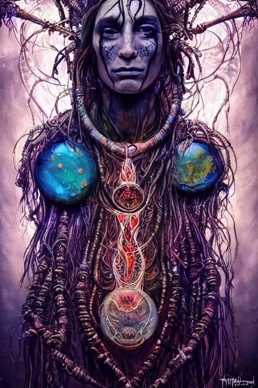 Image similar to full body psychedelic shaman with trinket necklace, epic angle and pose, symmetrical artwork, ayahuasca, translucent, fungus, energy flows of water and fire, highly detailed, epic cinematic concept art, excellent composition, dystopian brutalist atmosphere, dynamic dramatic lighting, aesthetic, very inspirational, arthouse, Greg Rutkowski, Artgerm