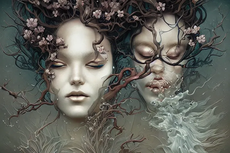 Prompt: fantasy portrait of a woman made of water and smoke, carved Japanese Sakura wood organic overgrowth, peter mohrbacher, artgerm, James Jean