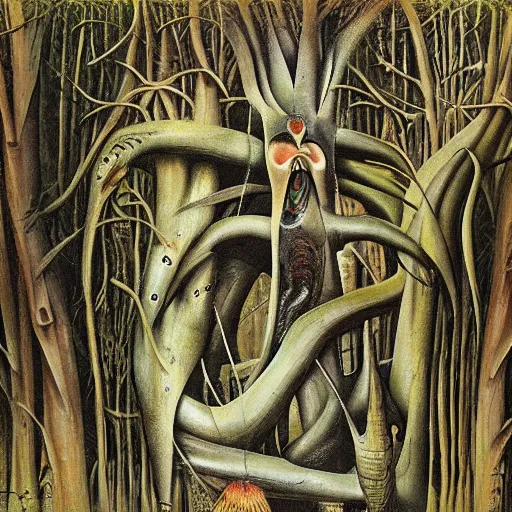 Image similar to a tree falls in a forest and no one is around to hear it, digital painting masterpiece, by h r giger and hannah hoch and ed roth and denys cowan