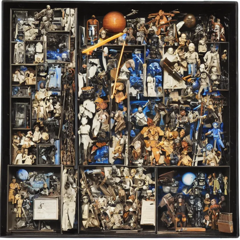 Prompt: a well - lit, detailed museum archive rich color photograph of a star wars memory box by joseph cornell, containing action figures, black and white photographs, and a star chart