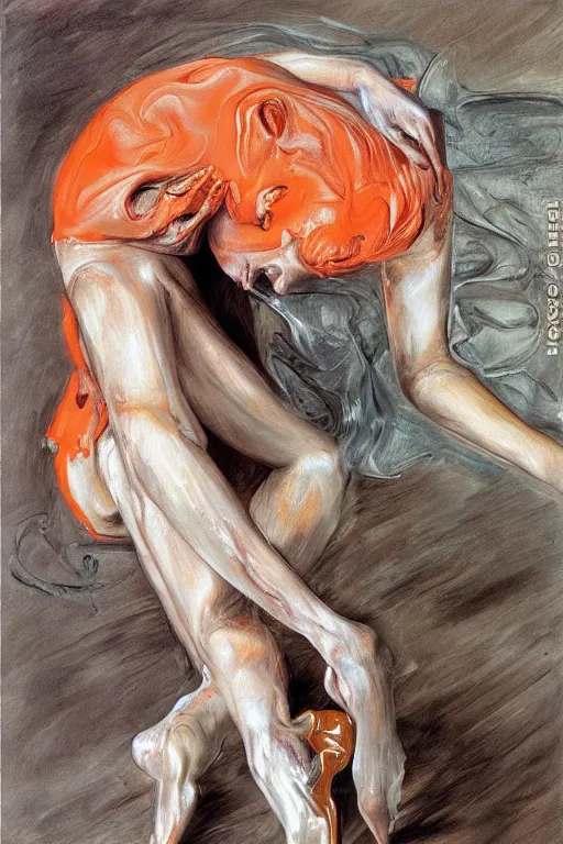 Image similar to high quality high detail painting of a ballerina in agony by lucian freud and jenny saville and francis bacon, hd, dark demonic dancer, turquoise and orange