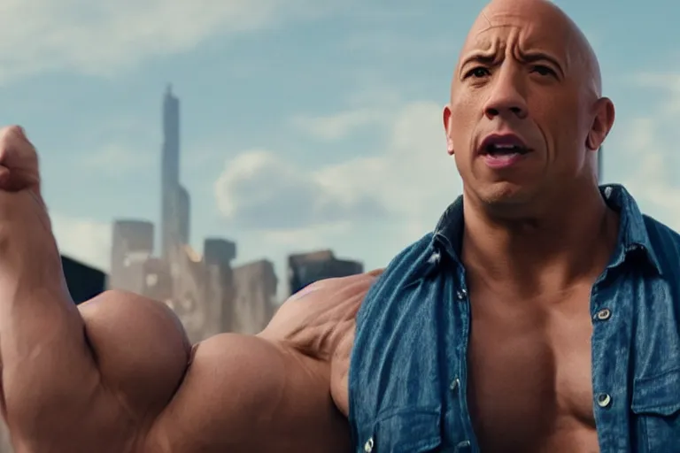 Image similar to vin diesel as dwayne johnson flexing and yelling let's go!, fast furious, low perspective, isometric perspective, cinematic still, movie still, long lens, shallow depth of field, bokeh, anamorphic lens flare, 8 k, hyper detailed, 3 5 mm film grain