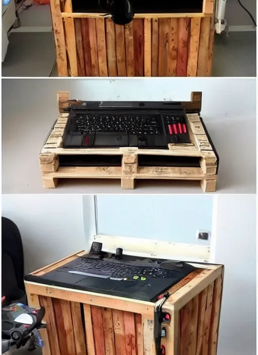 Prompt: a gaming computer made out of wood pallet