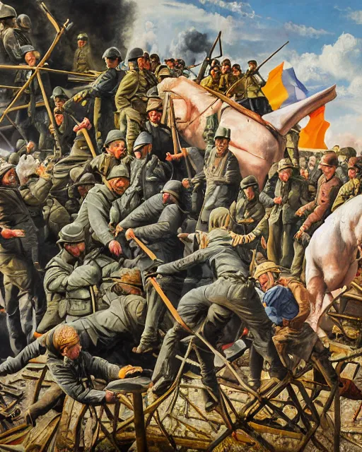 Image similar to strong political beautiful art painting conveying to europe and germany to stop worrying about the gas supplies and support ukraine in the war against the russia's aggression, high production value, intricate details, high resolution, hyperrealistic, hdr, high definition, award winning artwork, masterpiece, ultra realistic, highly detailed, hd, neo rauch