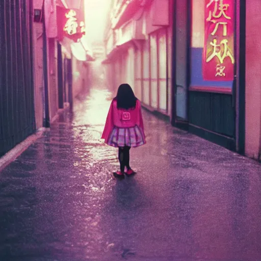 Prompt: 1990s perfect 8K HD professional cinematic photo of close-up japanese schoolgirl sleeping on ground in dystopian alleyway with neon signs, at evening during rain, at instagram, Behance, Adobe Lightroom, with instagram filters, depth of field, taken with polaroid kodak portra