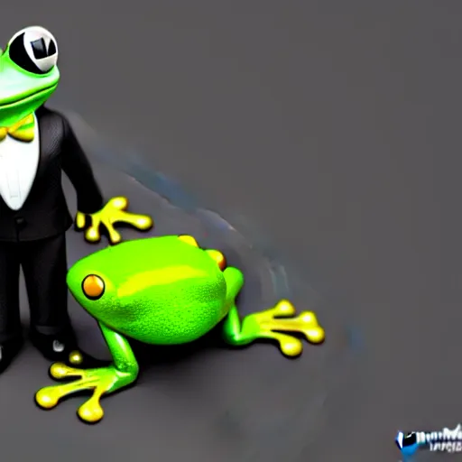 Image similar to a frog in a tuxedo suit holding a suitcase, hyperrealistic, octane render, 3D