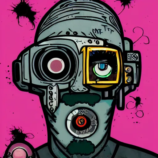 Prompt: old man with cyberarm and eyepatch, face tattoos, punk, grunge, rough, paint, scratchy, science fiction, cyberpunk, retrofuture, illustration