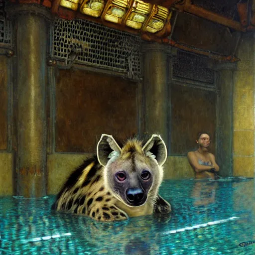 Prompt: portrait of a male hyena in a public bath. shadowrun furaffiniy cyberpunk fantasy highly detailed painting by gaston bussiere craig mullins jc leyendecker gustav klimt artgerm greg rutkowski john berkey, bergey, craig mullins, ruan jia, raymond swanland, jeremy mann, tom lovell, alex malveda