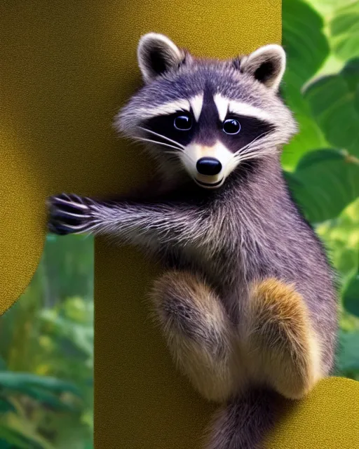 Prompt: a still from a pixar movie, raccoon wearing a yellow shirt standing in an overgrown dense tropical forest, butterflies and sunrays, hd 4 k high detailed