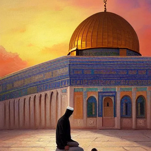 Prompt: a beautiful oil painting flyer design illustration of dome of the rock jerusalem and a muslim is praying to god in front of it, rule of thirds, sunset, highly detailed, perfect lighting, perfect composition, 4 k, artgerm, derek zabrocki, greg rutkowski - h 7 6 8