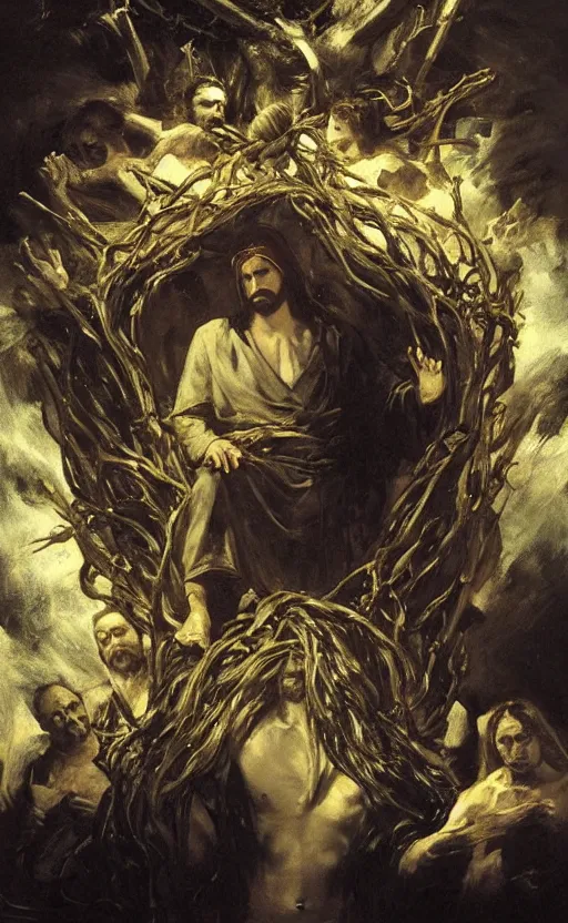 Prompt: jesus christ wearing blindfold!!!!! sitting on a huge!!!! throne of entwined bodies, elegant, ominous, highly detailed painting by goya!!! phil hale!! gaston bussiere, craig mullins, j. c. leyendecker, 8 k, mid shot