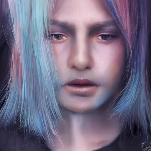 Image similar to full face shot of rimuru tempest, sky blue straight hair, long bangs, with amber eyes, wearing a black jacket, high collar, ultra detailed, concept art, award winning photography, digital painting, cinematic, wlop artstation, closeup, pixiv, evil, yoshitaka amano, andy warhol, ilya kuvshinov,