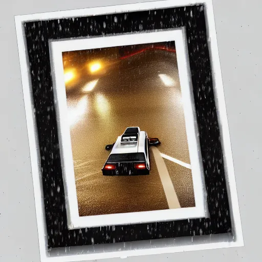 Image similar to hyperdetailed, photorealistic photograph of a dmc 1 2 delorean driving in the streets, rain, night, dense fog, hd, unreal engine 5