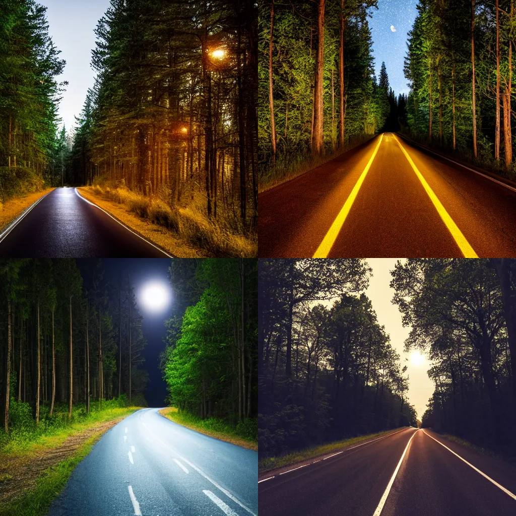 Prompt: full moon over a forest road, road is illuminated by headlights, summer, night, dark sky, HDR, 275.0 mm, f 5.6