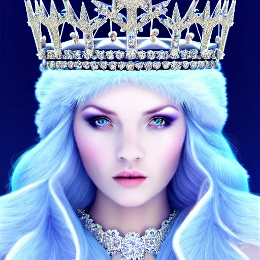 Image similar to beautiful ice queen with ornate crown and robes highly detailed, 4k, HDR, smooth, sharp focus, hyper realistic, high resolution