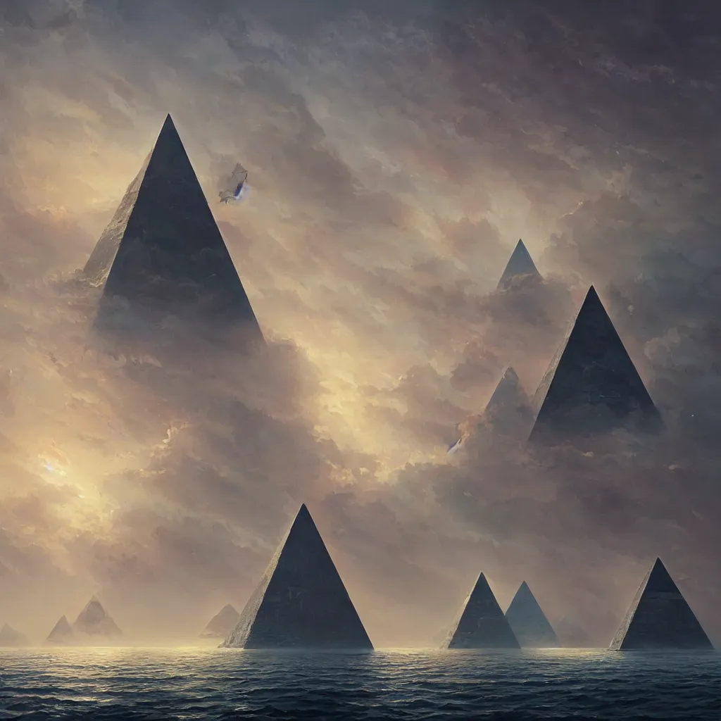 Prompt: A beautiful painting of A Pyramid at Sea by John Harris and Greg Rutkowski,hyper detailed,4k,digital art,Retro Futurism Art