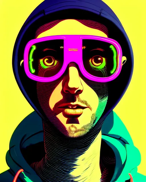 Prompt: edm art, pop art, hyper - realistic detailed portrait of a man in a hoodie, with neon visor, by atey ghailan, by greg rutkowski, by greg tocchini, by james gilleard, by joe fenton, by kaethe butcher, sharp focus