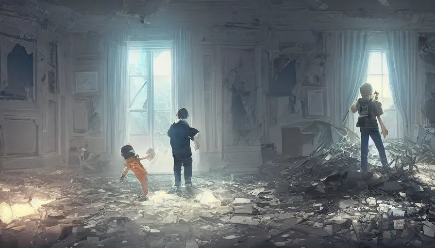 Prompt: father and son exploring destroyed white house with glow sticks, moonlight through windows, dark corridors, debris, covered by vegeration, hyperdetailed, artstation, cgsociety, 8 k