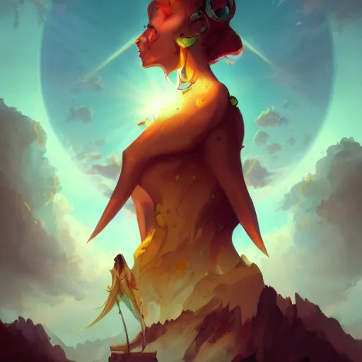 Image similar to The king of the sun by Peter Mohrbacher:5 Trending on Artstation:5