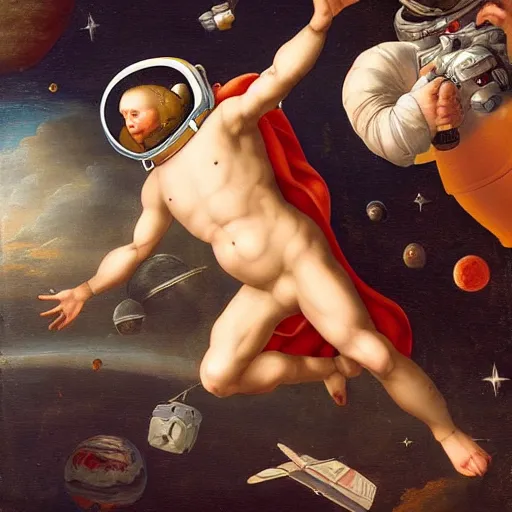 Prompt: a renaissance painting of a astronaut floating lonely in space, masterpiece, high quality, highly detailed, 4K, anatomically correct, high coherence, highly detailed, digital art