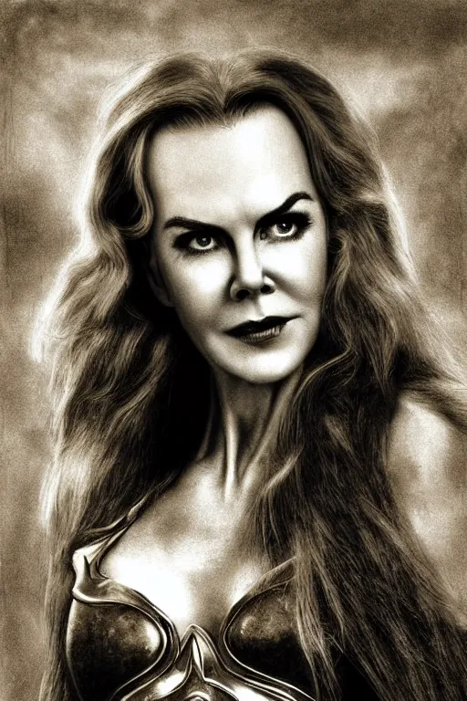 Prompt: she - ra, nicole kidman, portrait, full body, symmetrical features, silver iodide, 1 8 8 0 photograph, sepia tone, aged paper, sergio leone, master prime lenses, cinematic