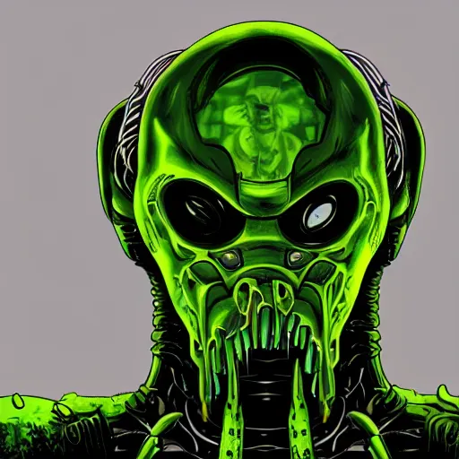 Image similar to pixiv, gruesome, sci - fi, polychaeta, undead cyborg head, doom, newt, yellow, green