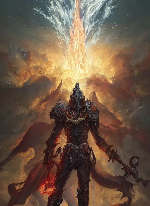 Image similar to a flame knight posing in front of the night sky, intricate, highly detailed, artstation, concept art, perfect composition, dynamic lighting, volumetric lighting, illustration, sharp focus, art by ralph horsley and greg rutkowski