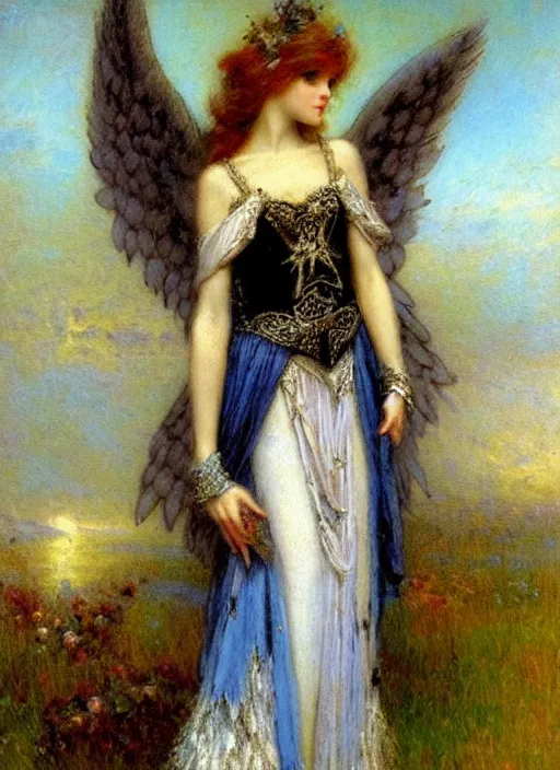 Image similar to vertical prtrait of an angel knight gothic girl, baroque dress. by gaston bussiere