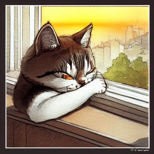 Image similar to head and shoulders masterpiece portrait of a cute adorable cat sleeping on a window sill at sunset, digital art watercolor by krenz cushart and hayao miyazaki and kuniyoshi utagawa, trending on artstation, cgsociety, rich vivid color