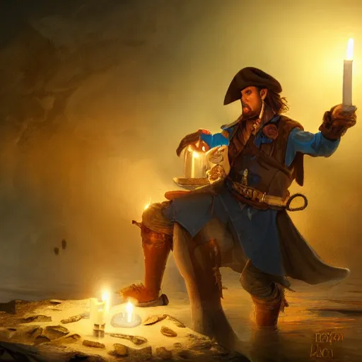 Prompt: concept art of a swashbuckler holding a candle discovering a sunken city, wearing a cape, wearing a night cap, highly detailed, digital art, illustration, artstation, very detailed, 4 k