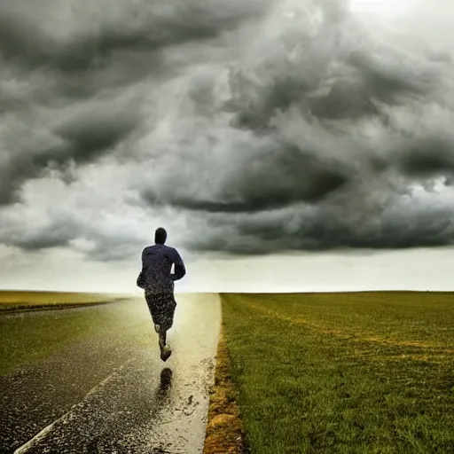 Image similar to man running from the stormy clouds by Magnum Photos, clean, detailed, award winning