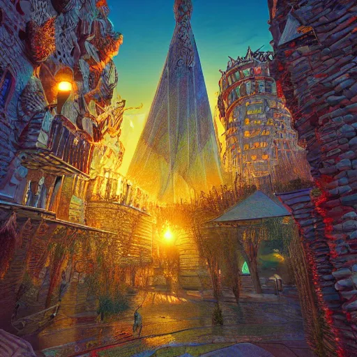 Prompt: art city 8 k cryengine render by android jones, antoni gaudi, rob gonsalves, syd mead