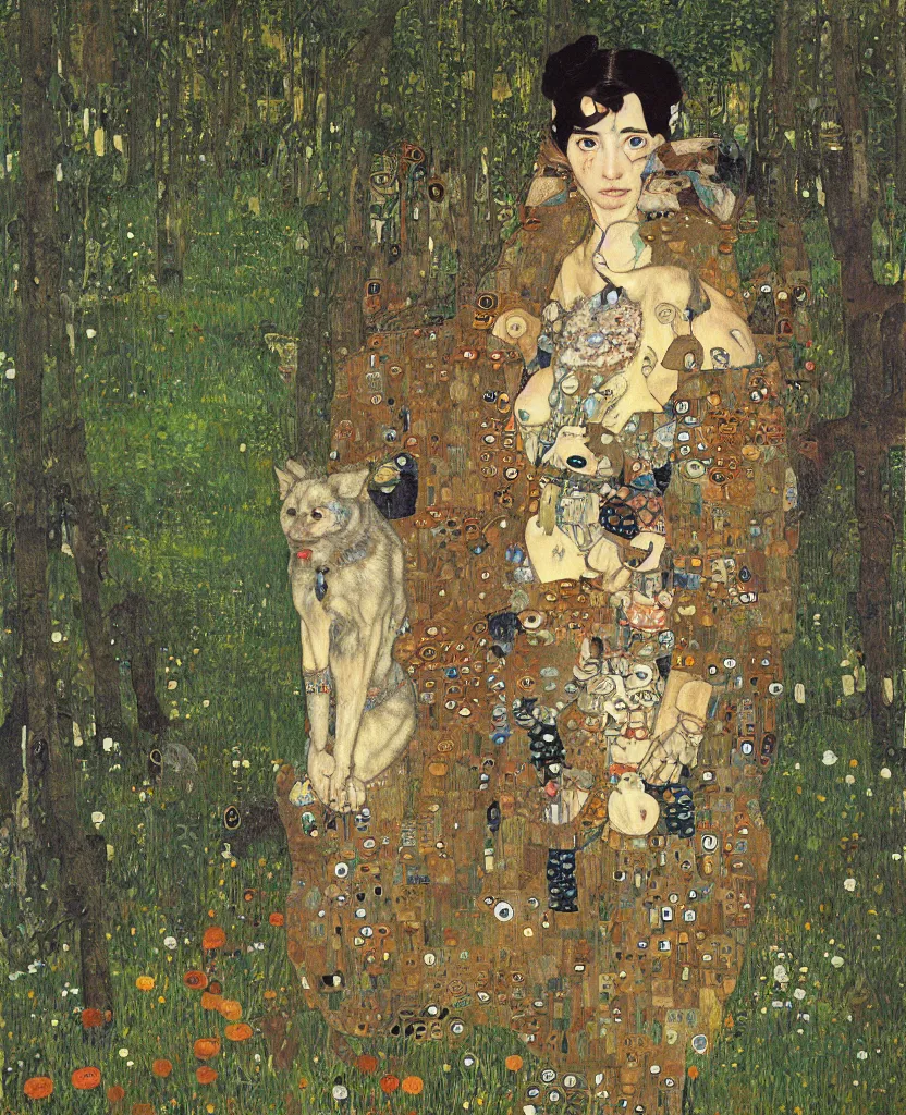 Image similar to portrait of fierce Princess Mononoke, fully clothed in armor, lush forest landscape, painted by Gustav Klimt, norman rockwell, james gurney, denoised, sharp, architectural