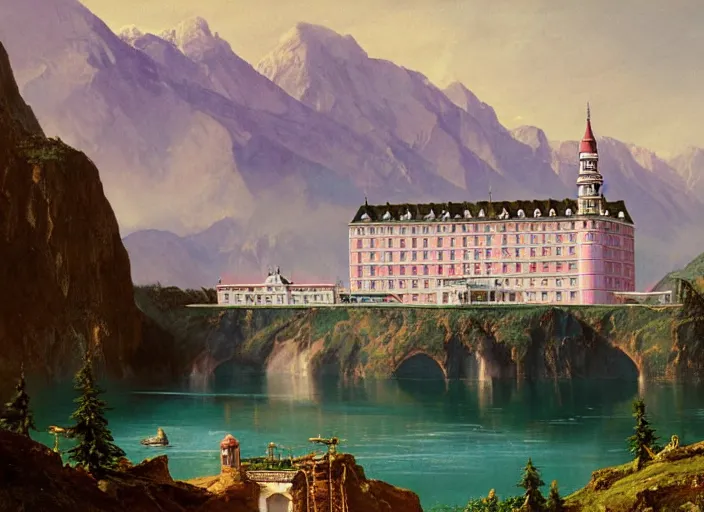 Image similar to painting of the grand budapest hotel in front of beautiful mountains by thomas cole