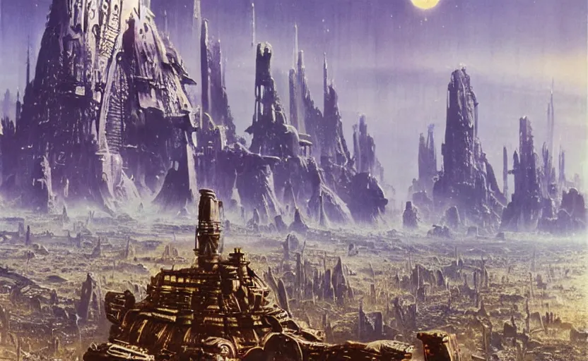 Prompt: photorealistic alien empire matte painting by bruce pennington