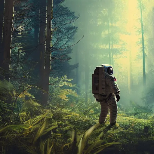 Image similar to american astronaut in the forest, plants environment, wide angle, cinematic lighting, atmospheric, realistic, octane render, highly detailed, cgsociety, in the style of craig mullins