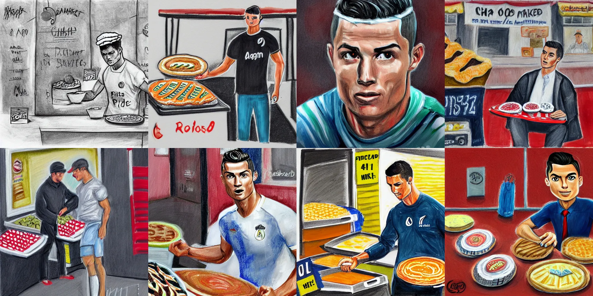 Prompt: cristiano ronaldo sells pies on the market, drawing, social realism, 4k