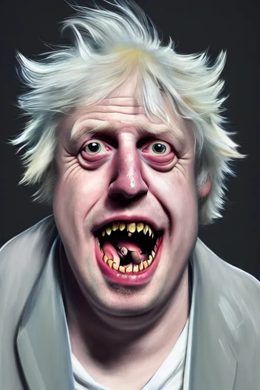 Image similar to Boris Johnson as a kind smiling Rick Sanchez from Rick and Morty, unibrow, white robe, big eyes, realistic portrait, symmetrical, highly detailed, digital painting, artstation, concept art, smooth, sharp focus, illustration, cinematic lighting, art by artgerm and greg rutkowski and alphonse mucha