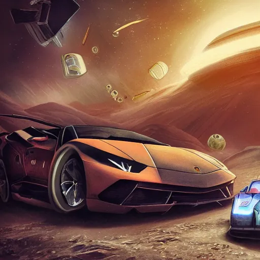 Image similar to harry potter driving a lamborghini in a space station on mars, highly detailed, digital art, trending on artstation