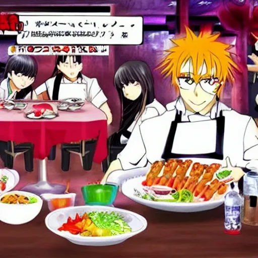 Image similar to anime human meat restaurant, horror, nightmare, cook, food, cooking