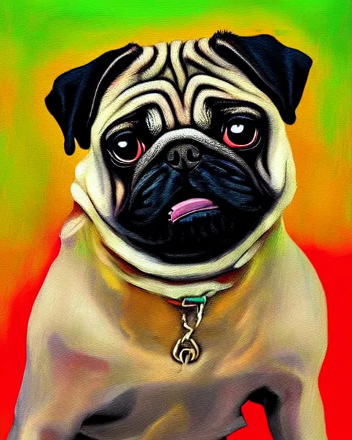 Image similar to a masterpiece painting of a pug dog portrait, in the style of artur bordalo, digital art, muted colors