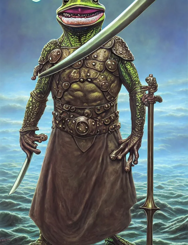Image similar to anthropomorphic bipedal frog that is wearing steel plate armor, and holding a colossal sword in his hand, as a matte oil painting and d & d character art, by alex grey, standing, fullbody, floating bubbles, sea foam, ocean spray, award - winning, extremely detailed, sharp focus