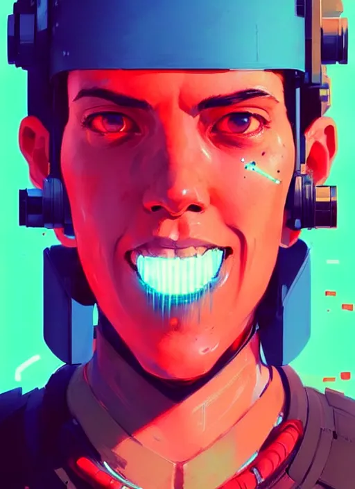 Image similar to highly detailed portrait of a cyborg grinning at the camera, atey ghailan, by greg rutkowski, by greg tocchini, by james gilleard, by joe fenton, by kaethe butcher, green gradient, neon blue, neon red and white color scheme, trending in pinterest, award winning details hd