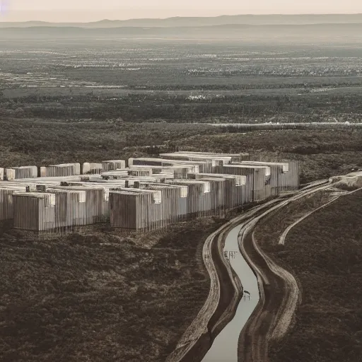 Image similar to sci fi nuclear containment buildings in an expansive river valley with a city in the distance, a sense of hope and optimism, birds overhead, stark light, day time, unsplash, national geographic, hd, high res