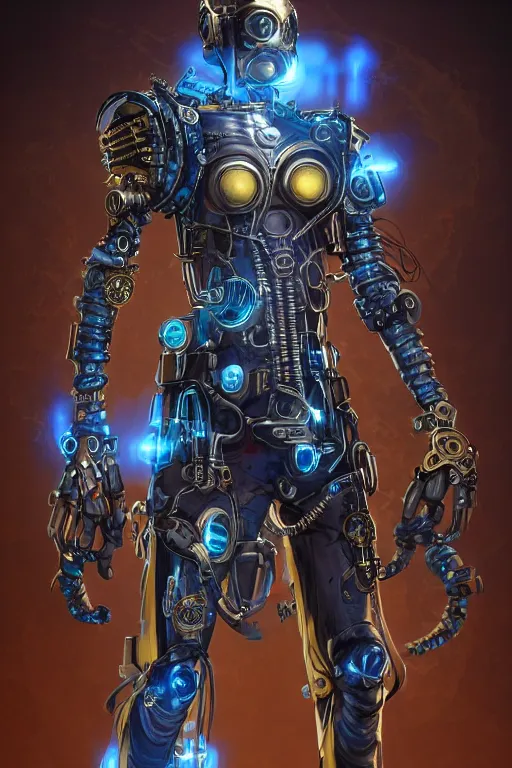 Prompt: full body Portrait of a steampunk sci-fi cyborg ninja, third person, D&D, sci-fi fantasy, intricate, blue and gold, highly detailed , art by Range Murata, highly detailed, 3d, octane render, bright colors, digital painting, trending on artstation, sharp focus, illustration style of Stanley Artgerm,