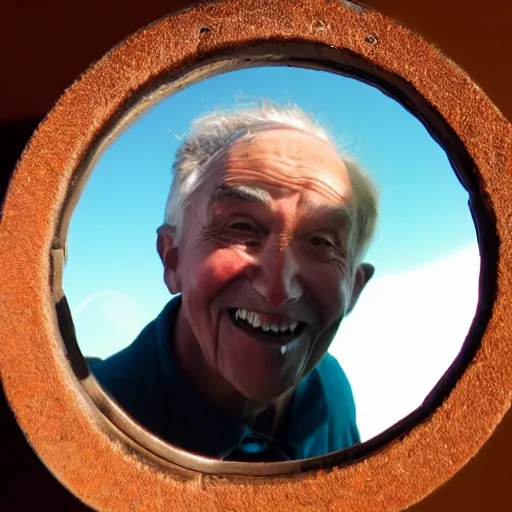 Image similar to a smiling old man seen through a peephole