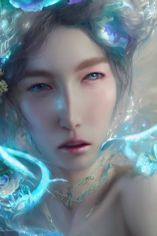 Prompt: face closeup of extremely beautiful girl necromancer, magical fairy exploding into flowers and ice, angels, 3 d render, hyper - realistic detailed portrait, holding fire and electricity rainbow, ruan jia, wlop. scifi, fantasy, magic the gathering, hyper detailed, octane render, concept art, peter mohrbacher